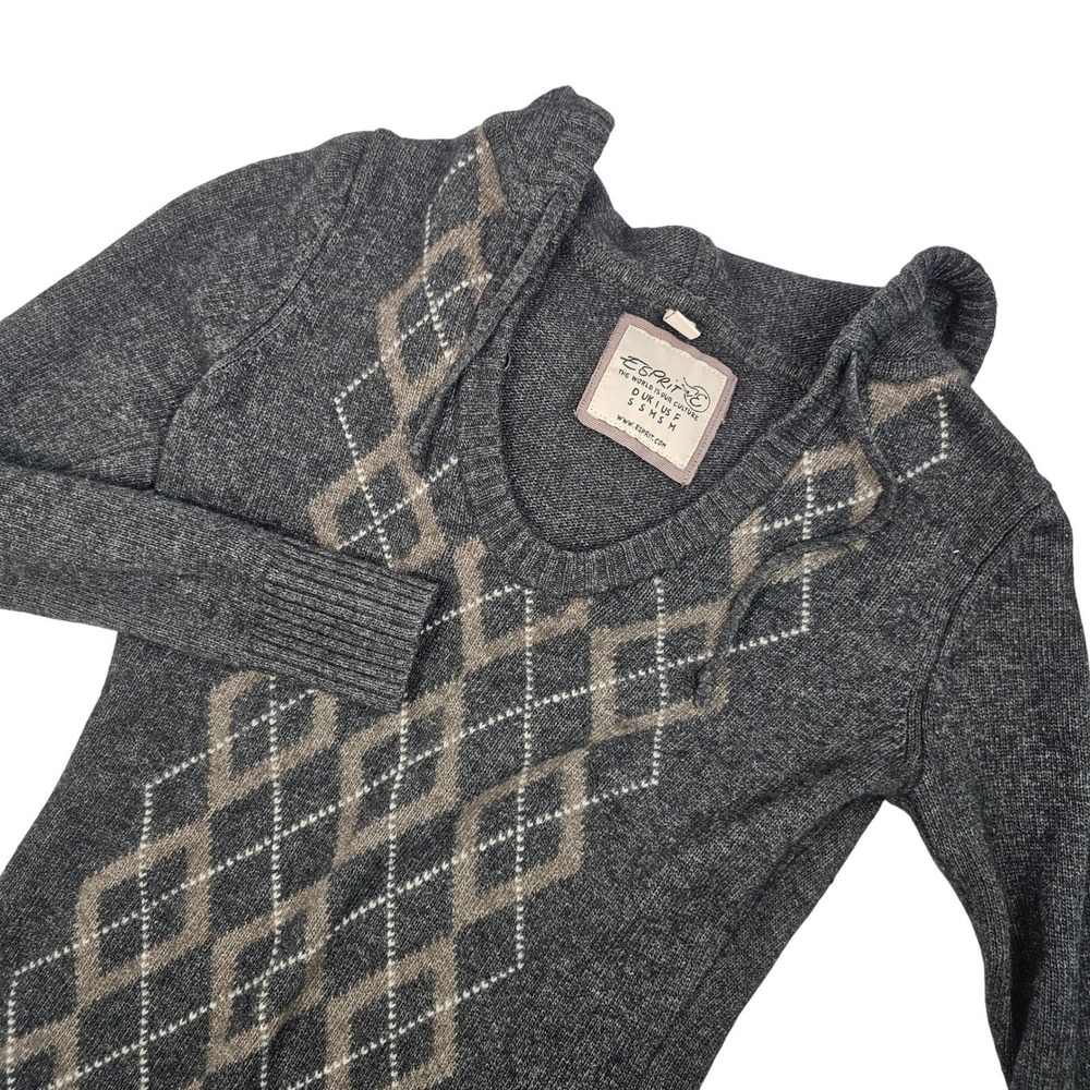 Esprit Womens Sweater Dress Wool Blend Argyle Gray Tan Angora Rabbit Hair Hood S